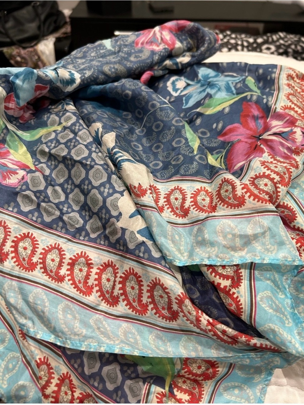 Johnny Was Blue Floral Paisley Throw with Red Accents